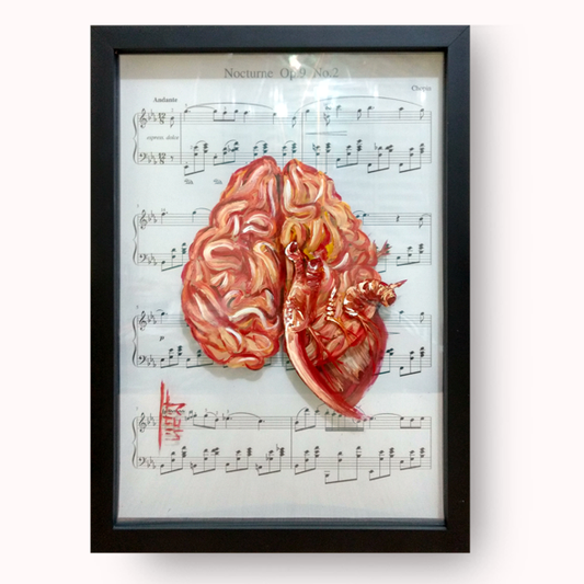 Quadro Anatomia: Pintura original  Cérebro e Coração fundo com partitura