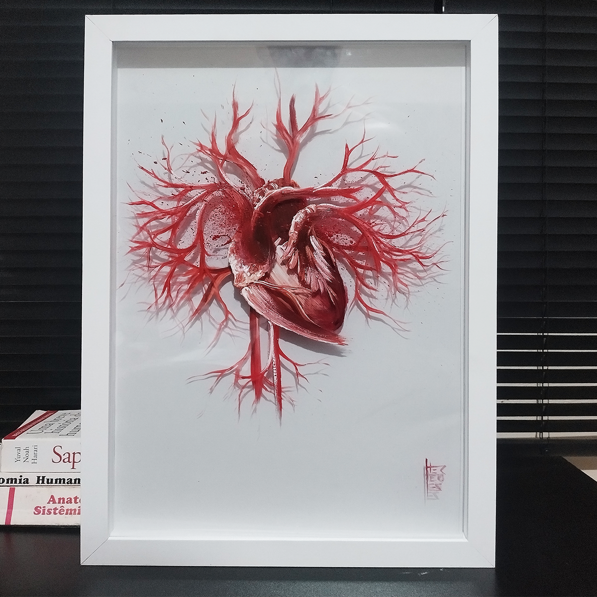 Quadro Anatomia: Pintura original Coração com artérias Fundo Branco