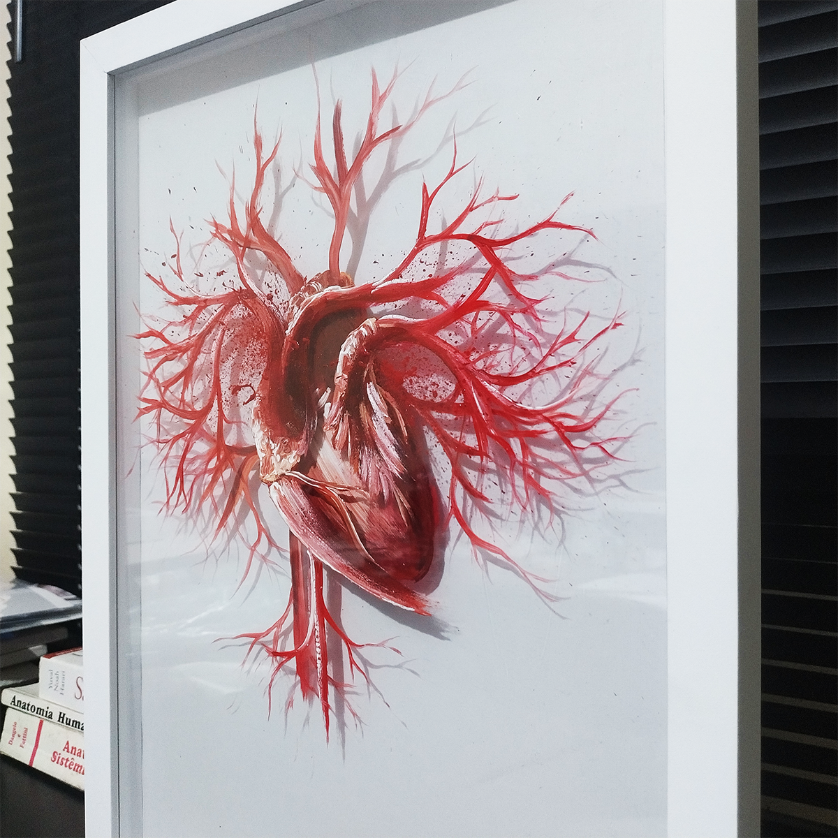 Quadro Anatomia: Pintura original Coração com artérias Fundo Branco